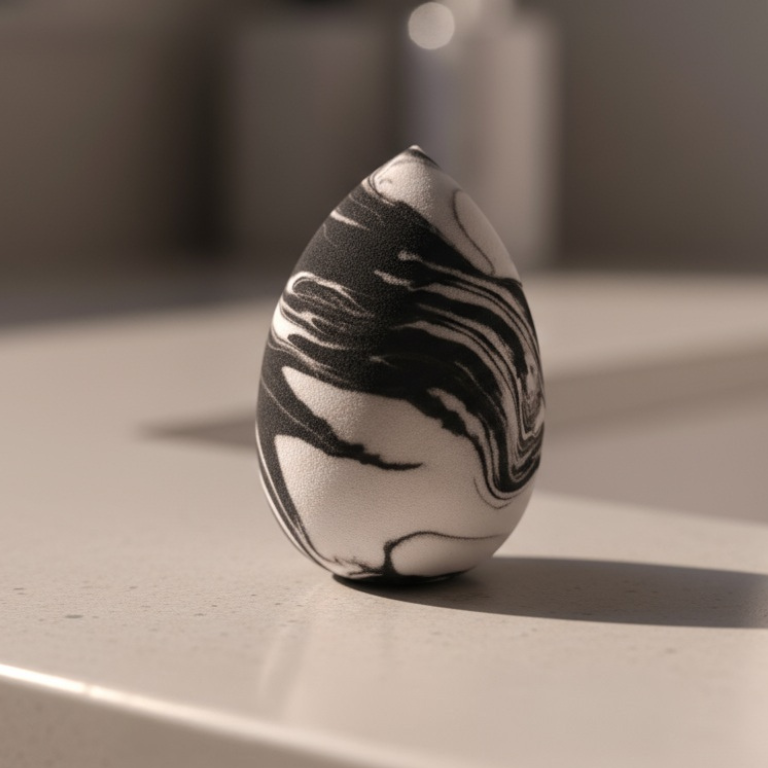 Black and white marbled teardrop-makeup sponge on a neutral surface