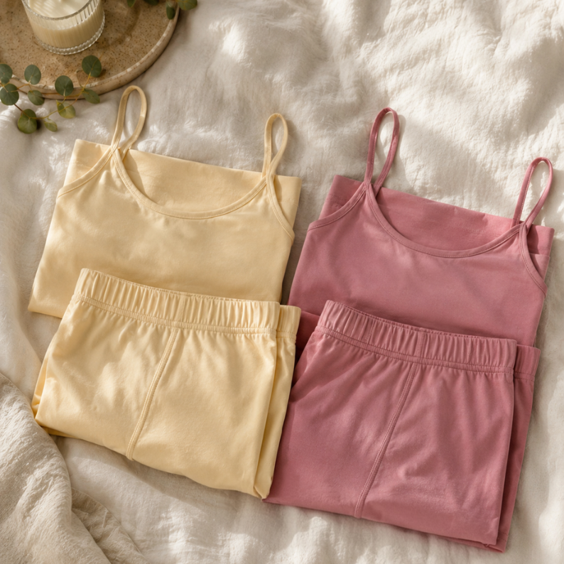 Two sets of pyjama tops and shorts in yellow and pink on a soft white bed 