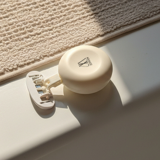 White travel razor on the side of a bathtub.