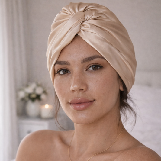 Woman wearing a silk champagne bonnet in a softly lit room