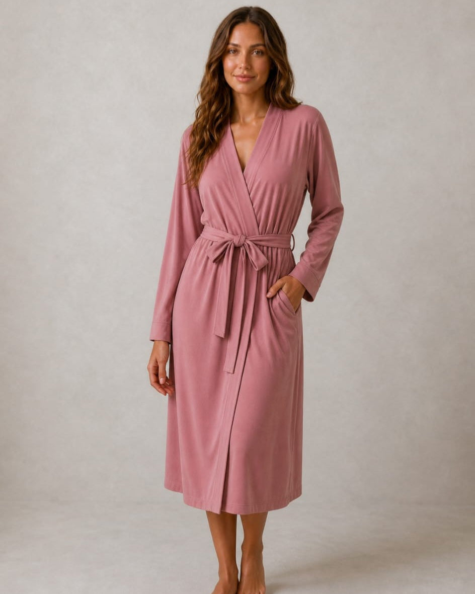 Woman wearing a pink robe against a plain background